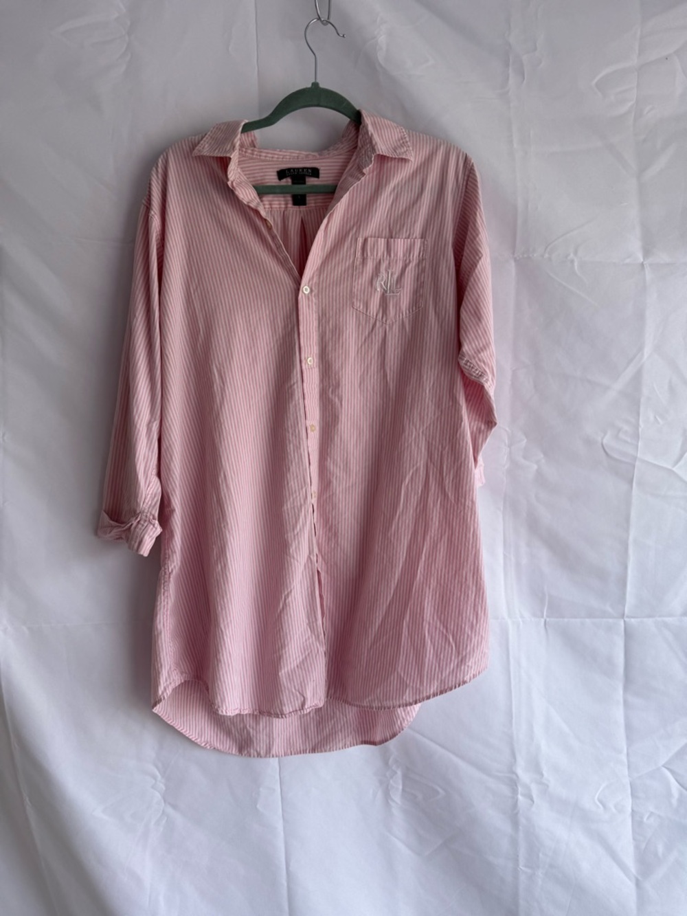 Lauren Ralph Lauren Pink Stripe Cotton Nightgown Sleep Shirt L Button Front
